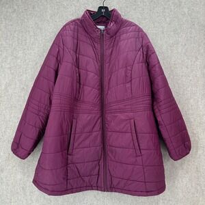 Catherines Plus Size 1X Quilted Puffer Coat Jacket Purple Full Zip Pockets Warm